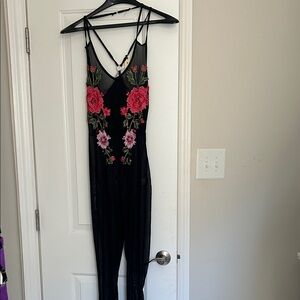 Love Nation Black Jumpsuit with Pink Floral Embroidery